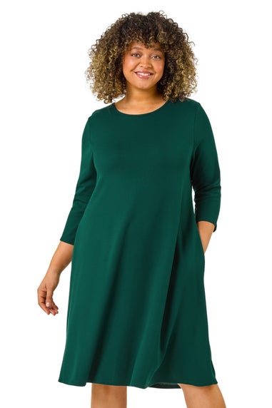 Roman Forest Green Curve Pocket Detail Swing Stretch Dress