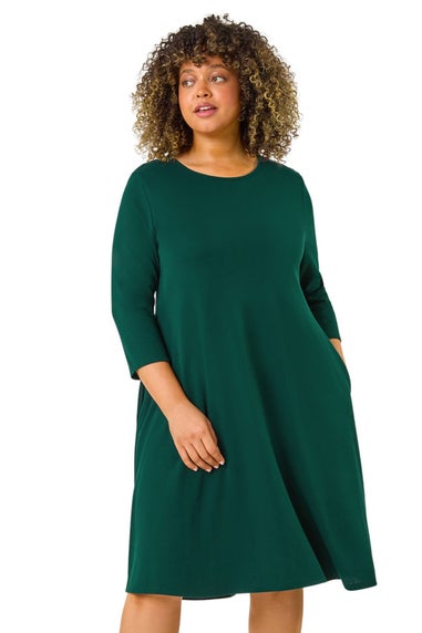 Roman Forest Green Curve Pocket Detail Swing Stretch Dress