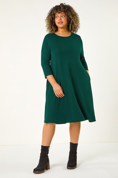 Roman Forest Green Curve Pocket Detail Swing Stretch Dress