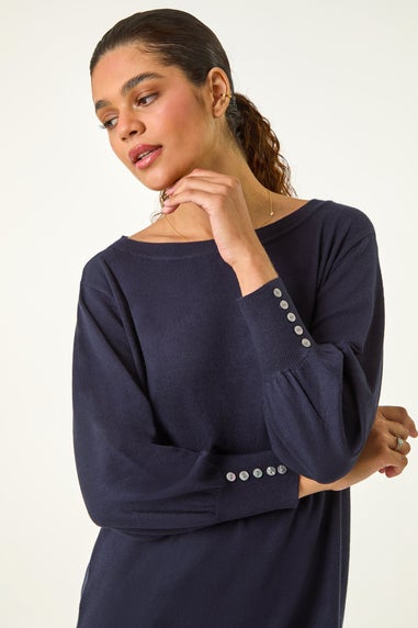 Roman Navy Button Detail Slash Neck Knitted Stretch Dress