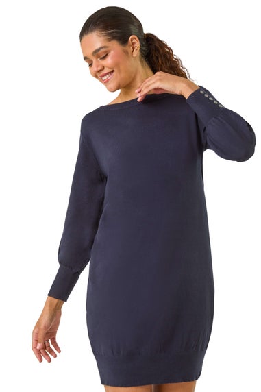 Roman Navy Button Detail Slash Neck Knitted Stretch Dress