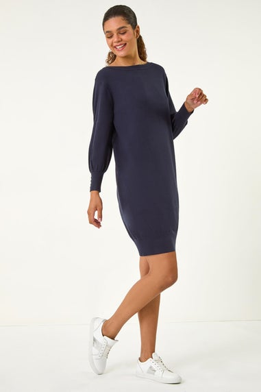 Roman Navy Button Detail Slash Neck Knitted Stretch Dress