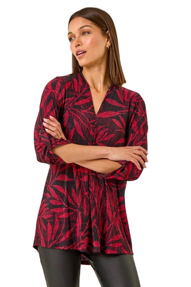 Roman Red Leaf Print Pleated Top