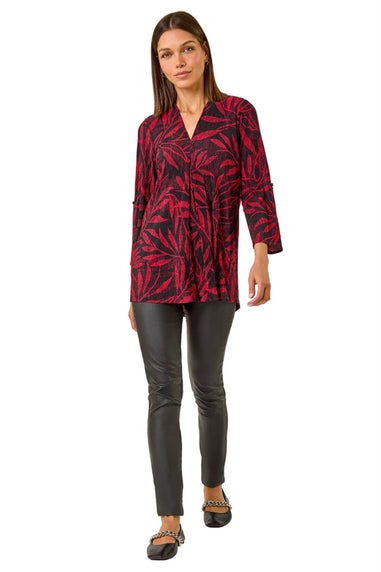 Roman Red Leaf Print Pleated Top