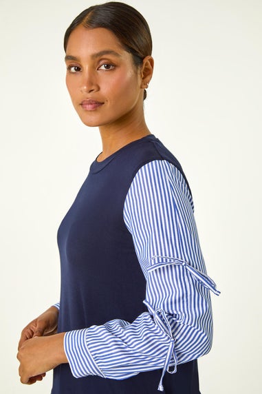 Roman Navy Stripe Bow Sleeve Stretch Top