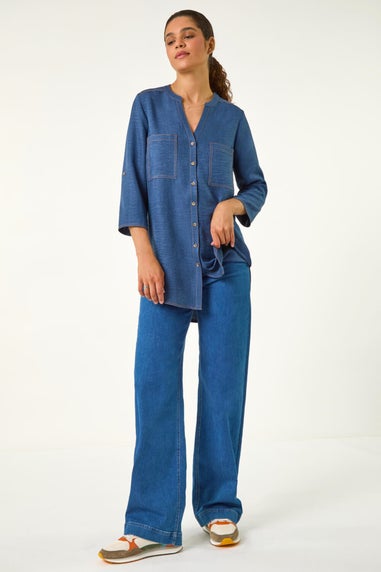 Roman Denim V-Neck Longline Button Detail Blouse