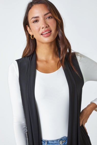 Roman Black Longline Sleeveless Stretch Cardigan