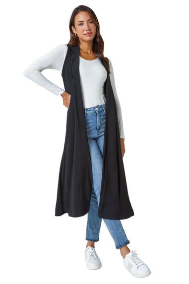 Roman Black Longline Sleeveless Stretch Cardigan