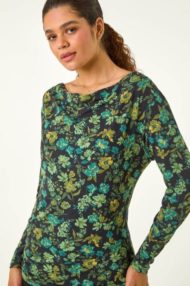 Roman Green Ruched Floral Cowl Neck Top