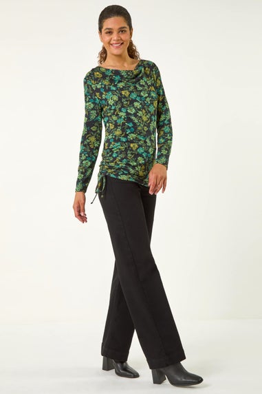 Roman Green Ruched Floral Cowl Neck Top