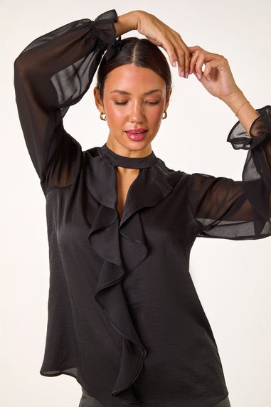 Roman Black Ruffle Front Keyhole Satin Top