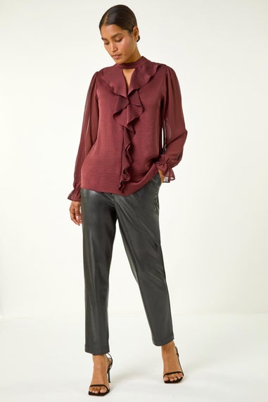 Roman Chocolate Ruffle Front Keyhole Satin Top