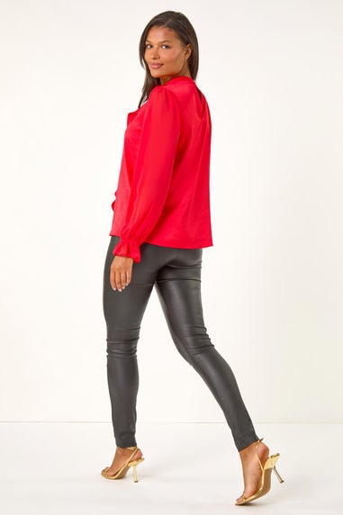 Roman Red Ruffle Front Keyhole Satin Top