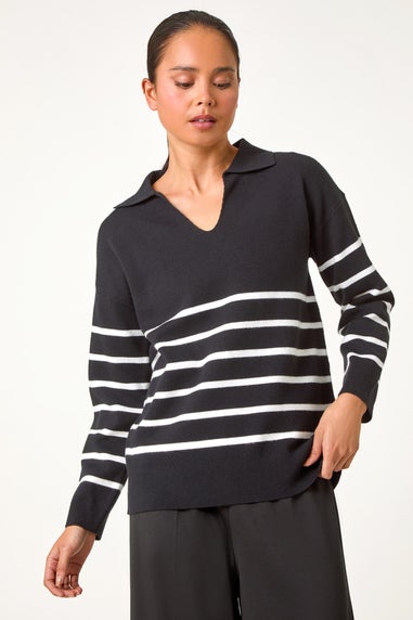 Roman Black Petite Stripe Collared Knit Jumper