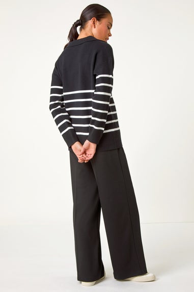 Roman Black Petite Stripe Collared Knit Jumper