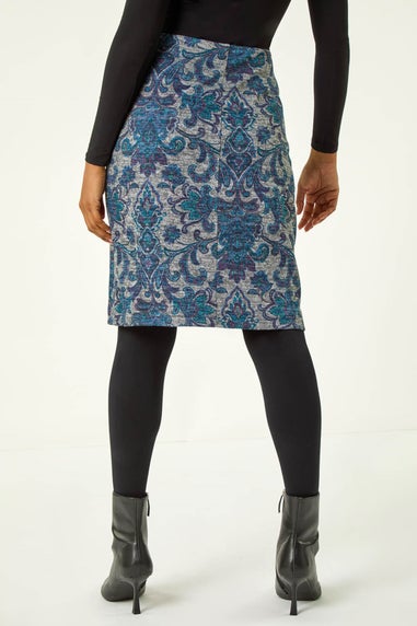 Roman Blue Baroque Floral Stretch Pencil Skirt