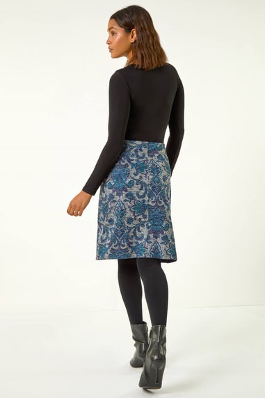 Roman Blue Baroque Floral Stretch Pencil Skirt