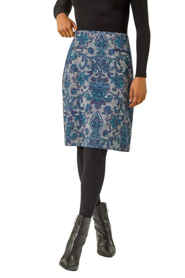 Roman Blue Baroque Floral Stretch Pencil Skirt
