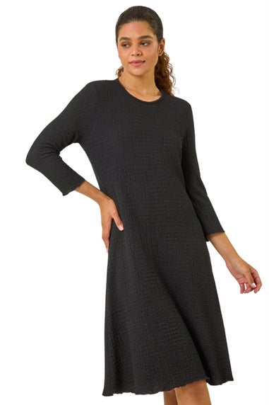 Roman Black Textured A-Line Stretch Midi Dress