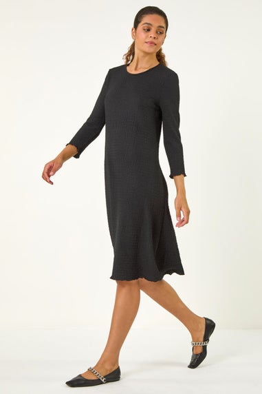 Roman Black Textured A-Line Stretch Midi Dress