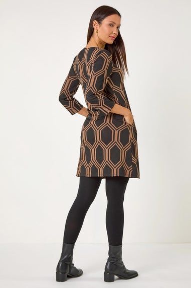 Roman Tan Geometric Jacquard Stretch Dress