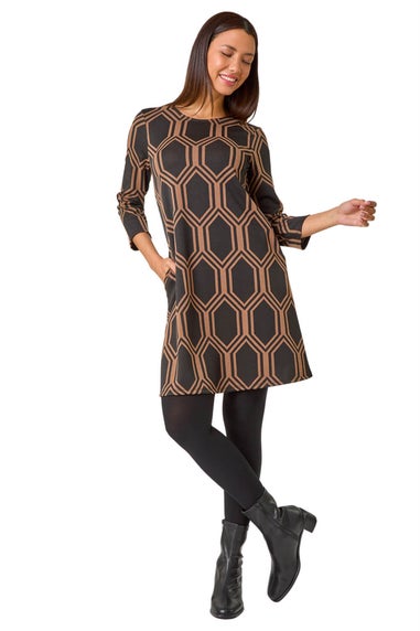 Roman Tan Geometric Jacquard Stretch Dress