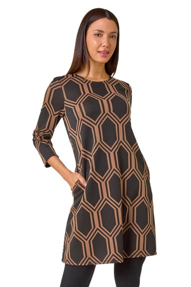 Roman Tan Geometric Jacquard Stretch Dress