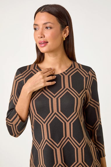 Roman Tan Geometric Jacquard Stretch Dress