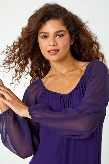 Roman Purple Chiffon Sleeve Bubble Hem Stretch Top