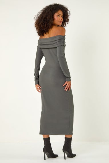 Dusk Grey Off The Shoulder Stretch Bardot Midi Dress