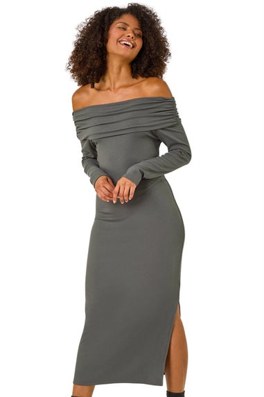 Dusk Grey Off The Shoulder Stretch Bardot Midi Dress