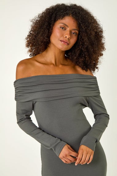 Dusk Grey Off The Shoulder Stretch Bardot Midi Dress