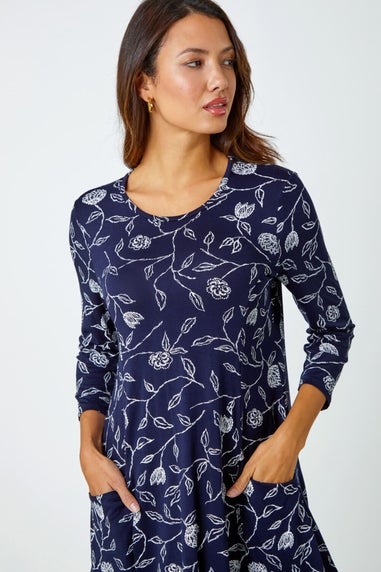 Roman Navy  Floral Print Pocket Swing Stretch Top