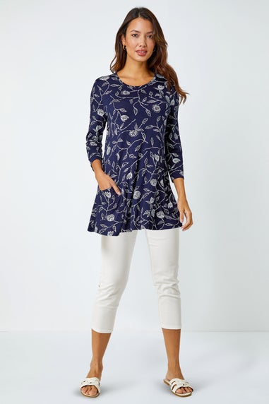 Roman Navy  Floral Print Pocket Swing Stretch Top