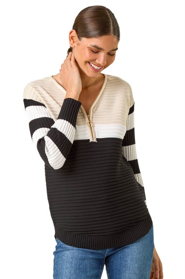 Roman Black Colour Block Zip Knit Jumper