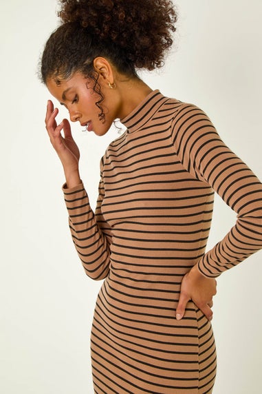 Dusk Mocha High Neck Stripe Bodycon Midi Dress