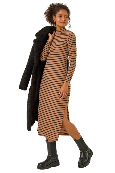 Dusk Mocha High Neck Stripe Bodycon Midi Dress