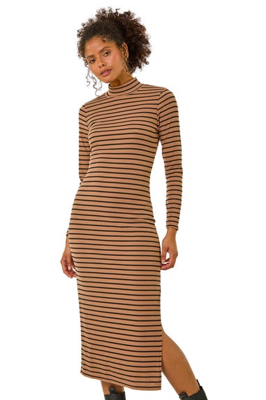 Dusk Mocha High Neck Stripe Bodycon Midi Dress