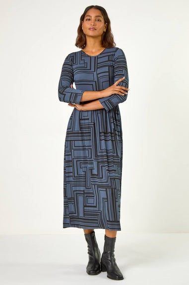 Roman Grey Linear Print Pocket Stretch Midi Dress