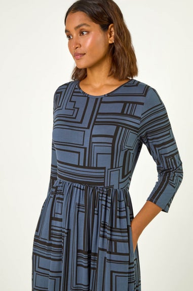 Roman Grey Linear Print Pocket Stretch Midi Dress