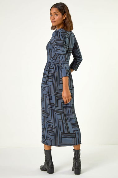 Roman Grey Linear Print Pocket Stretch Midi Dress