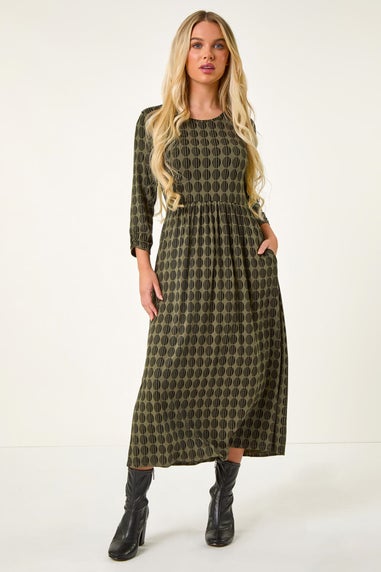 Roman Khaki Petite Geometric Spot Midi Dress