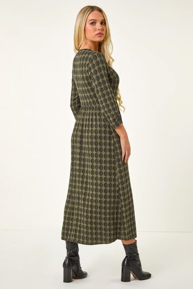 Roman Khaki Petite Geometric Spot Midi Dress