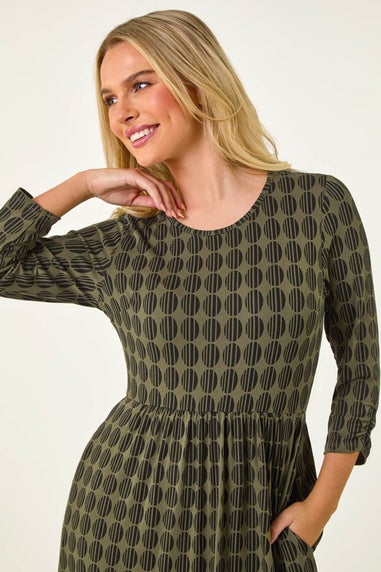 Roman Khaki Petite Geometric Spot Midi Dress