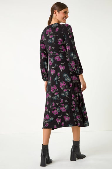 Roman Purple Floral Empire Waist Midi Dress