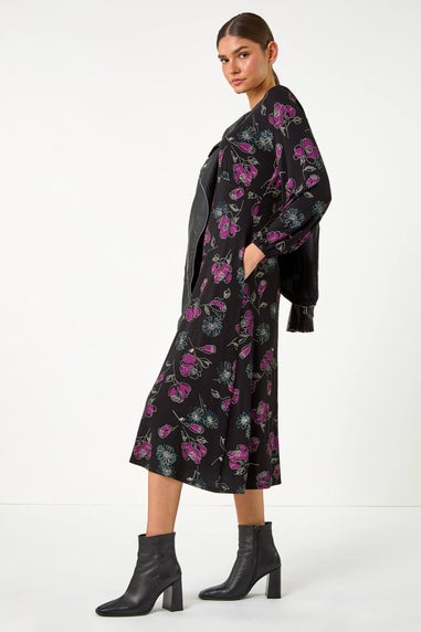 Roman Purple Floral Empire Waist Midi Dress