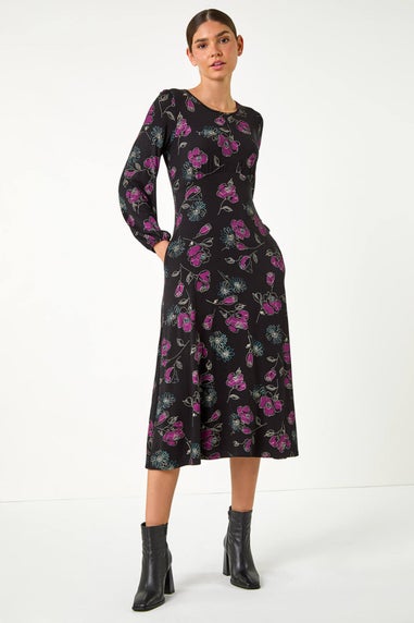 Roman Purple Floral Empire Waist Midi Dress