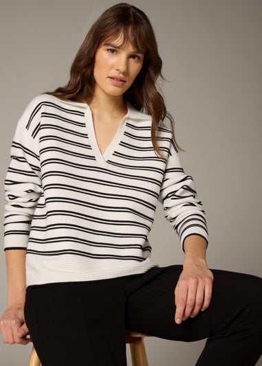 Et Vous Navy Stripe V-Neck Polo Jumper