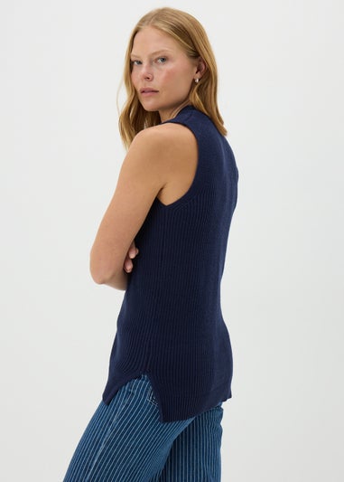 Navy Ribbed Knit Waistcoat