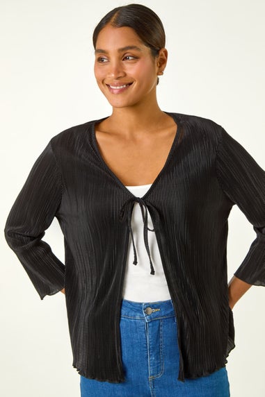 Roman Black Stretch Tie Detail Plisse Cardigan